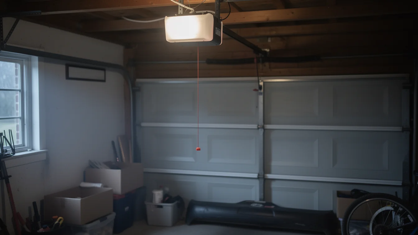 A garage door opener with a light and a red pull cord hangs above a closed garage door.