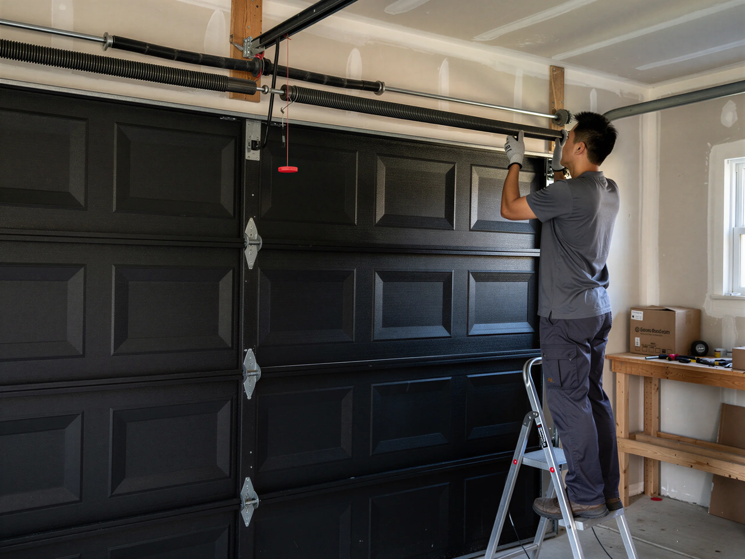 A technician on a ladder is working on the torsion spring above a black garage door.