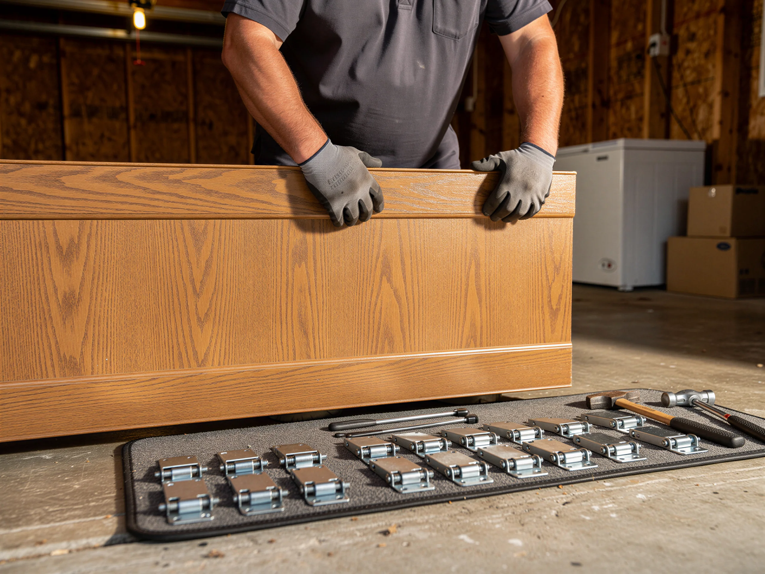 A technician holds a brown garage door panel above tools on a mat.