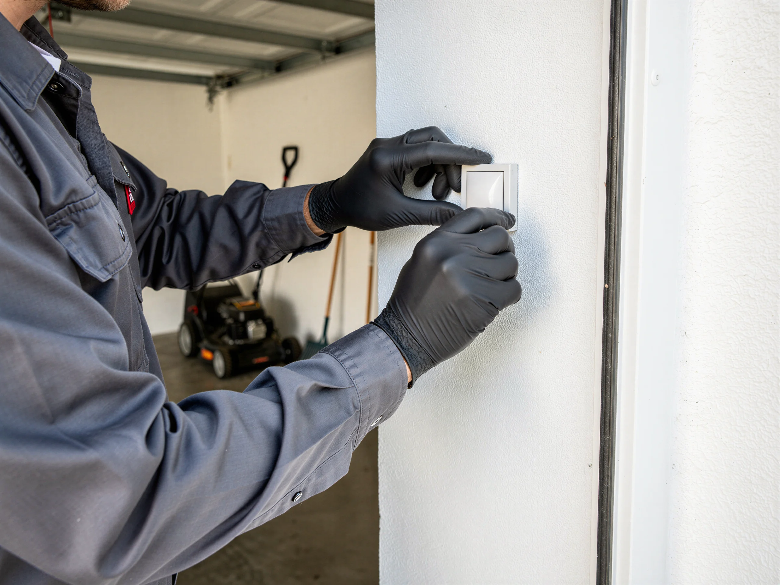 A technician in black gloves is installing a white garage door opener button.