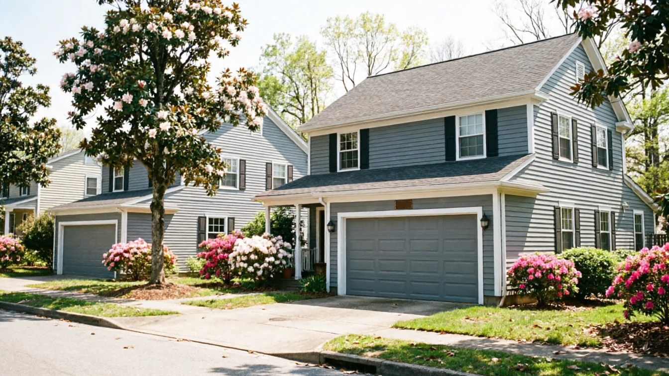The house has a gray garage door, gray siding, and black shutters.